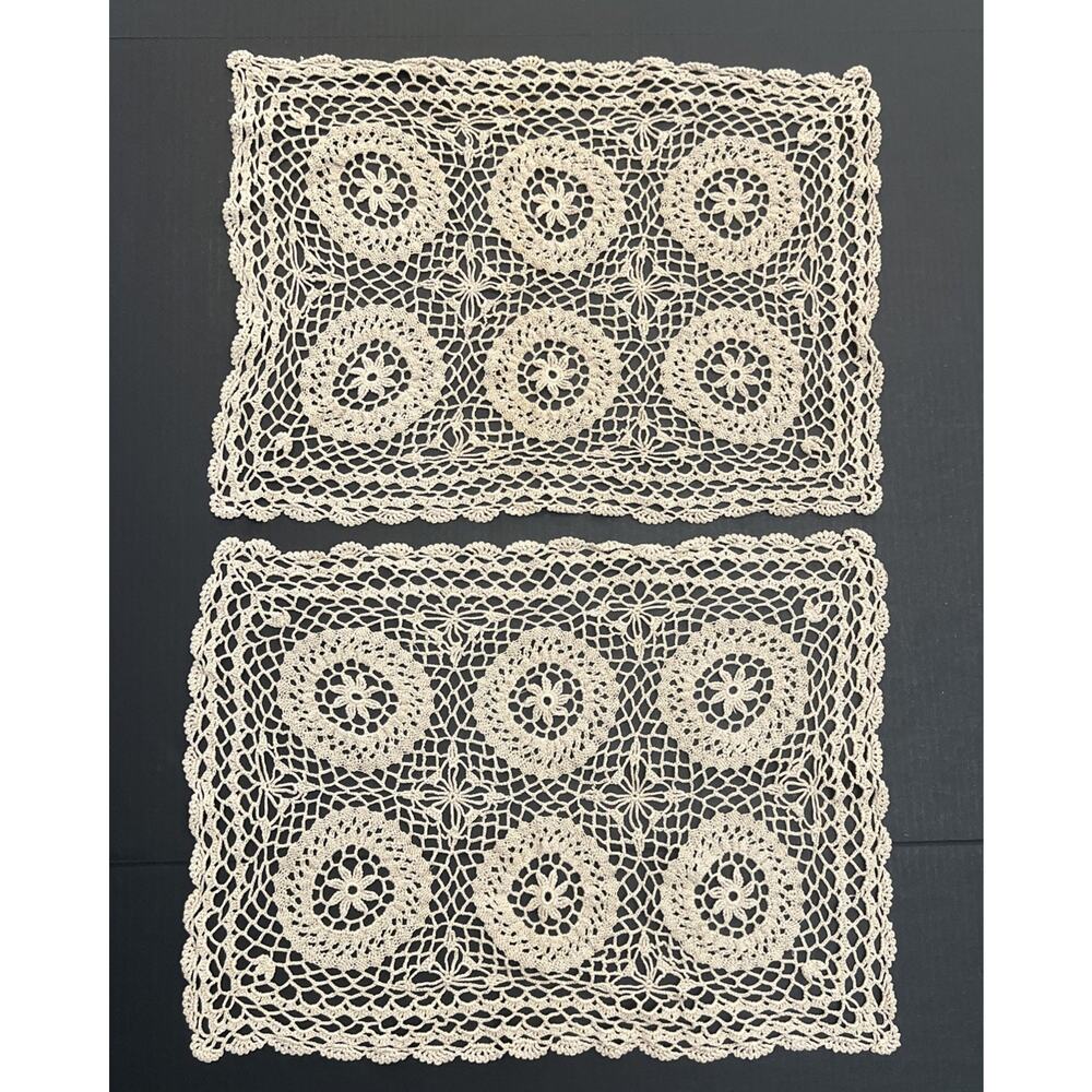 Vintage Beige Rectangle‎ Crochet Lace Doily Decorative Placemat 19" X 14" Pair